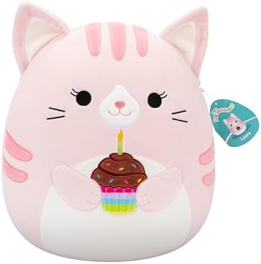 Squishmallows Original 14in Laura Pink Tabby Cat Holding Cupcake