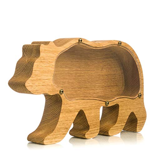 Wooden Money Box - Grizzly Bear Piggy Bank with Organic Glass