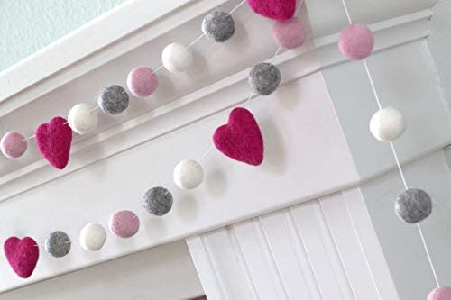 Handmade Valentine Garland - Felt Balls Hearts