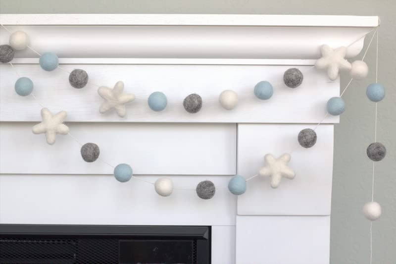 Felt Ball Star Garland - Ice Blue Gray White