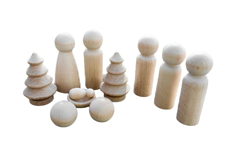Handmade Nativity Peg Doll Set with Trees and Wisemen