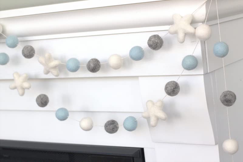 Felt Ball Star Garland - Ice Blue Gray White