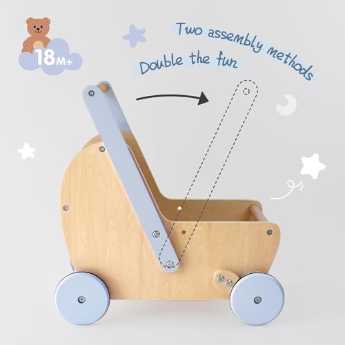 Pillowhale Wooden Baby Doll Stroller with Walker