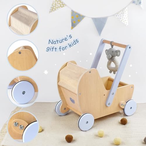 Pillowhale Wooden Baby Doll Stroller with Walker