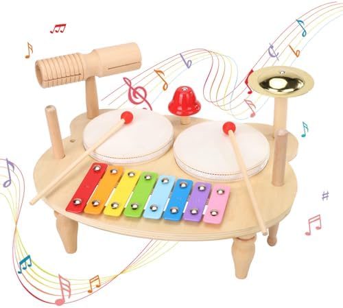 DUCOMINGTOY Kids Drum Set 10 in 1 Wooden Musical Toy