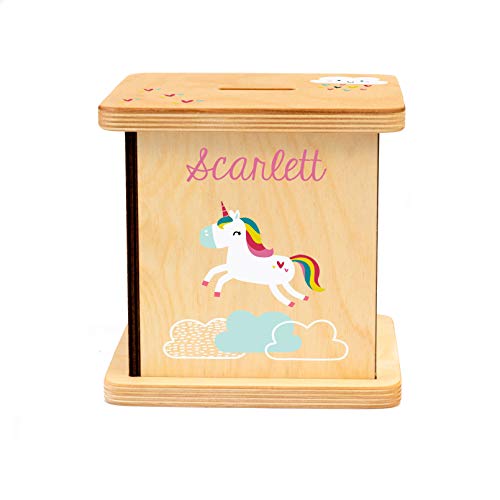 BloomOwl Wooden Piggy Bank - Personalized Unicorn Doodle Gift
