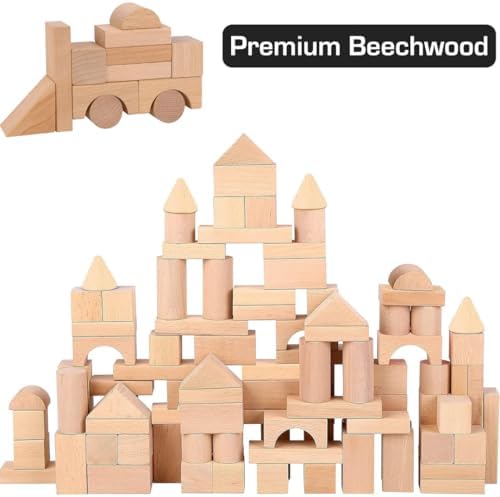 Pidoko Kids Wooden Blocks - 100 Pcs with Storage
