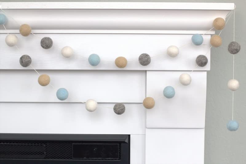 Blue Felt Ball Garland - Ice Blue Gray Almond White