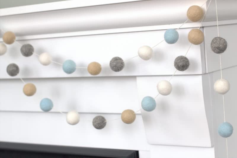 Blue Felt Ball Garland - Ice Blue Gray Almond White