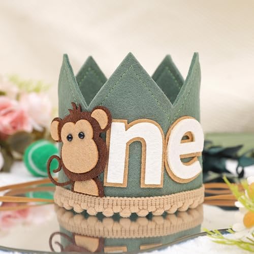 Monkey 1st Birthday Crown - Olive Green Safari Hat for Boys
