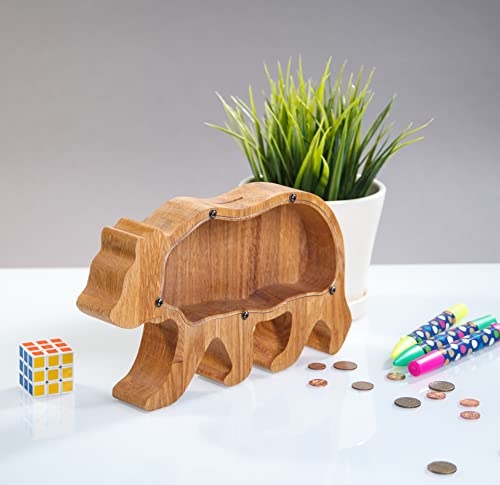 Wooden Money Box - Grizzly Bear Piggy Bank with Organic Glass