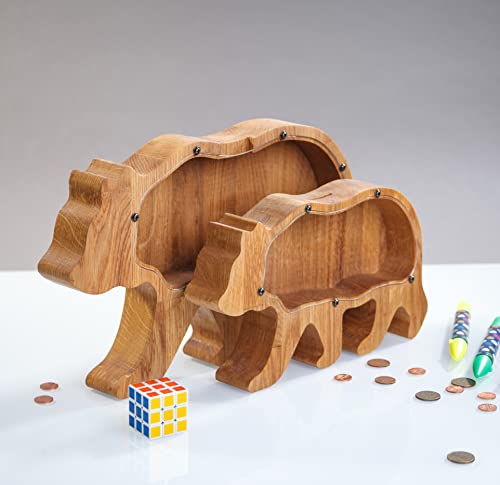 Wooden Money Box - Grizzly Bear Piggy Bank with Organic Glass