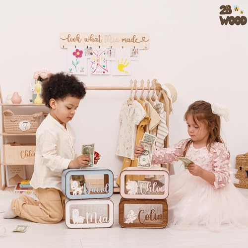 Personalized Wooden Piggy Bank for Kids - Custom Name Animal Design