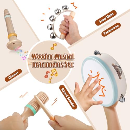Wooden Musical Instruments Set for Toddlers 1-3 Years