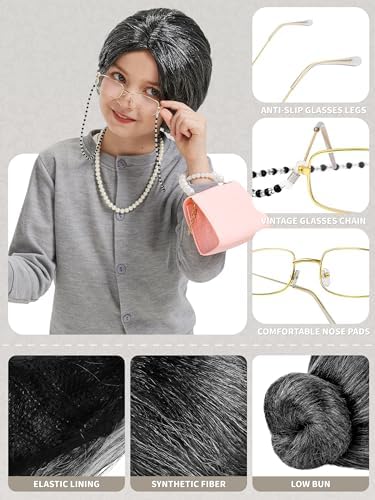 Gnodio Old Lady Costume for Kids 100 Days School