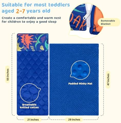 Toddler Nap Mat Extra Large 55 x 29 with Removable Pillow and Blanket