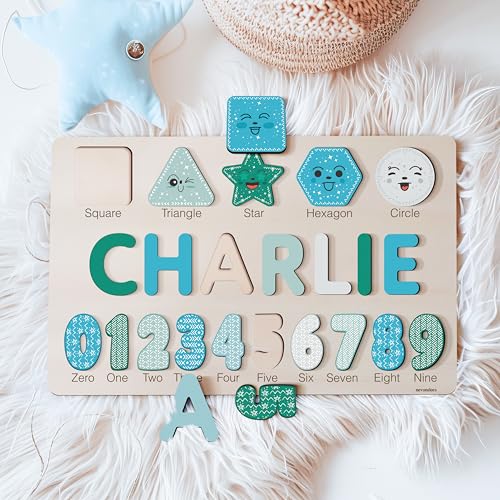 Personalized Wooden Name Puzzle for Kids Customizable with Numbers and Shapes