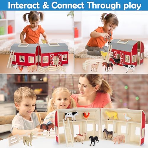 YEEBAY Farm Animals Playset for 3 Kids Wooden Barn Toy