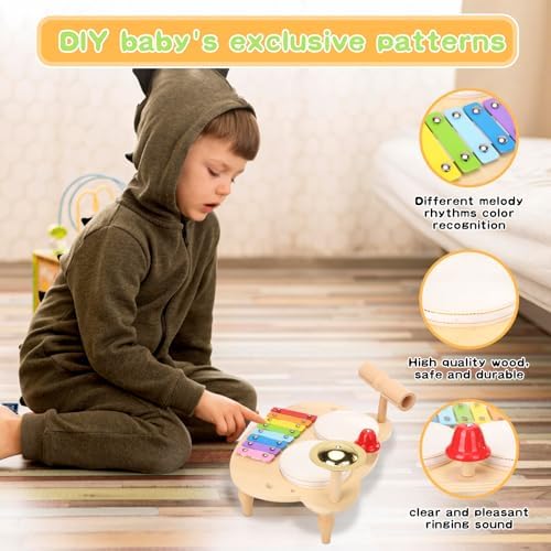 DUCOMINGTOY Kids Drum Set 10 in 1 Wooden Musical Toy