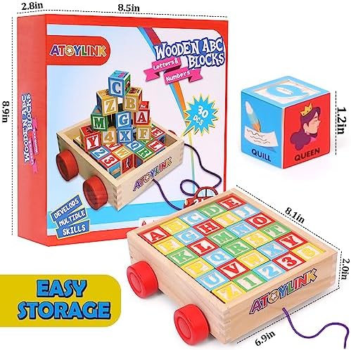 Atoylink Alphabet Number Wooden Stacking Blocks for Toddlers 1-3