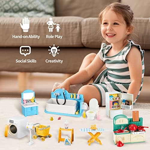 TAKIHON Dollhouse Furniture Kitchen Bathroom Set for Kids