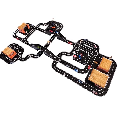 Wooden Car Track Playset with Garages and Bridge