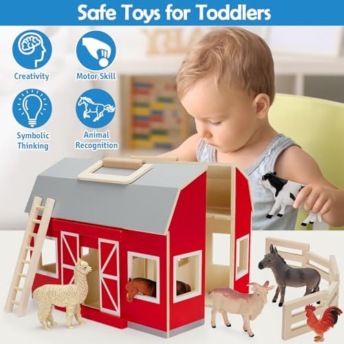 YEEBAY Farm Animals Playset for 3 Kids Wooden Barn Toy