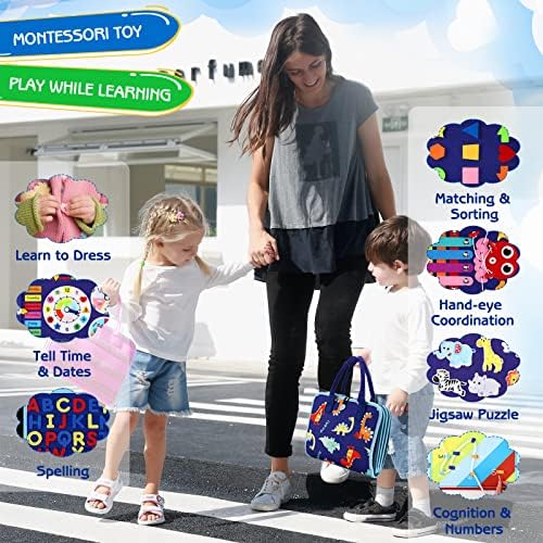 Esjay Toddler Busy Board with 8 Pages Blue Dinosaur Design