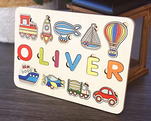 Personalized Wooden Name Puzzle with Vehicles for Toddlers