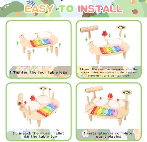 DUCOMINGTOY Kids Drum Set 10 in 1 Wooden Musical Toy