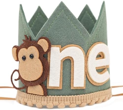 Monkey 1st Birthday Crown - Olive Green Safari Hat for Boys