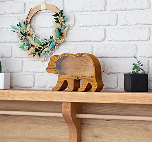 Wooden Money Box - Grizzly Bear Piggy Bank with Organic Glass