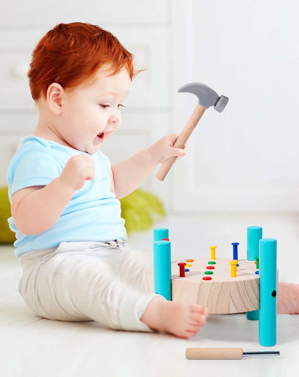OUJILA Wooden Baby Workbench Pounding Hammer Toy for Toddlers