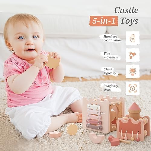 Wooden Teether Activity Cube for Toddlers 1 Year Old