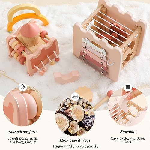 Wooden Teether Activity Cube for Toddlers 1 Year Old