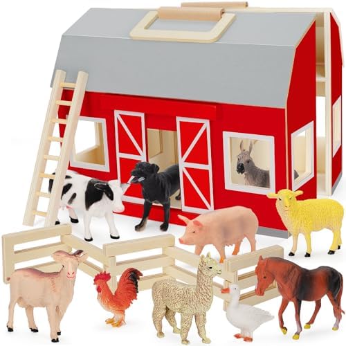 YEEBAY Farm Animals Playset for 3 Kids Wooden Barn Toy