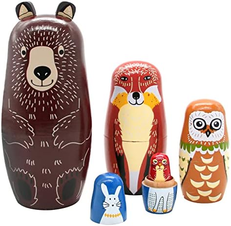 Conzy 5-Piece Wooden Russian Nesting Dolls with Cartoon Animal Design