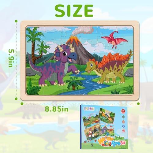 Dinosaur Wooden Jigsaw Puzzles Set for Kids 3-8 Years Old