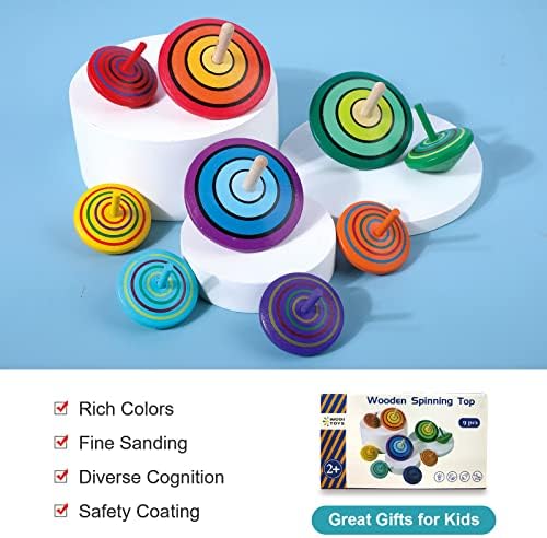 WODI Wooden Spinning Tops 9 Pcs Educational Toy