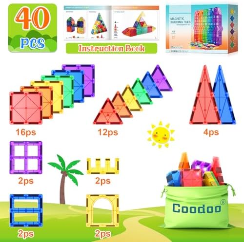 Coodoo Magnetic Tiles STEM Learning Toy for Kids 40PCS