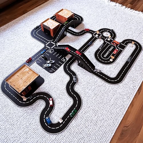 Wooden Car Track Playset with Garages and Bridge