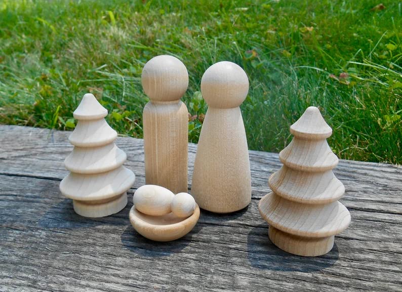 Handmade Nativity Peg Doll Set with Trees and Wisemen