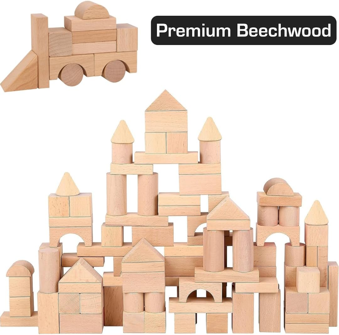 Pidoko Kids Wooden Blocks - 100 Pcs with Storage