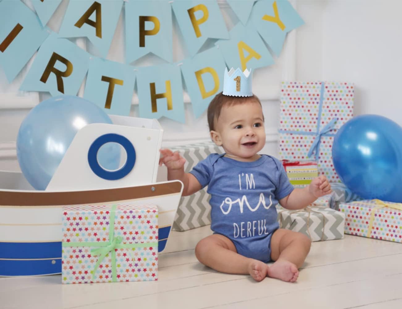Baby Boys Birthday Crown - Blue Felt Hat for Kids