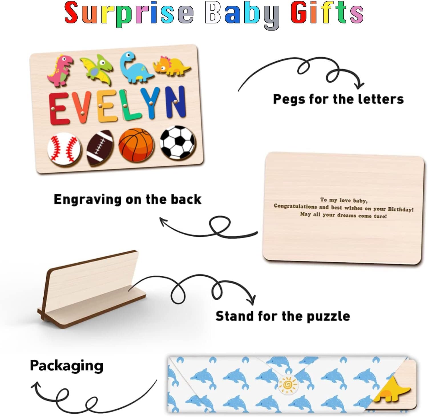 Personalized Name Puzzle for Kids Custom Baby Gift with Engraved Greetings