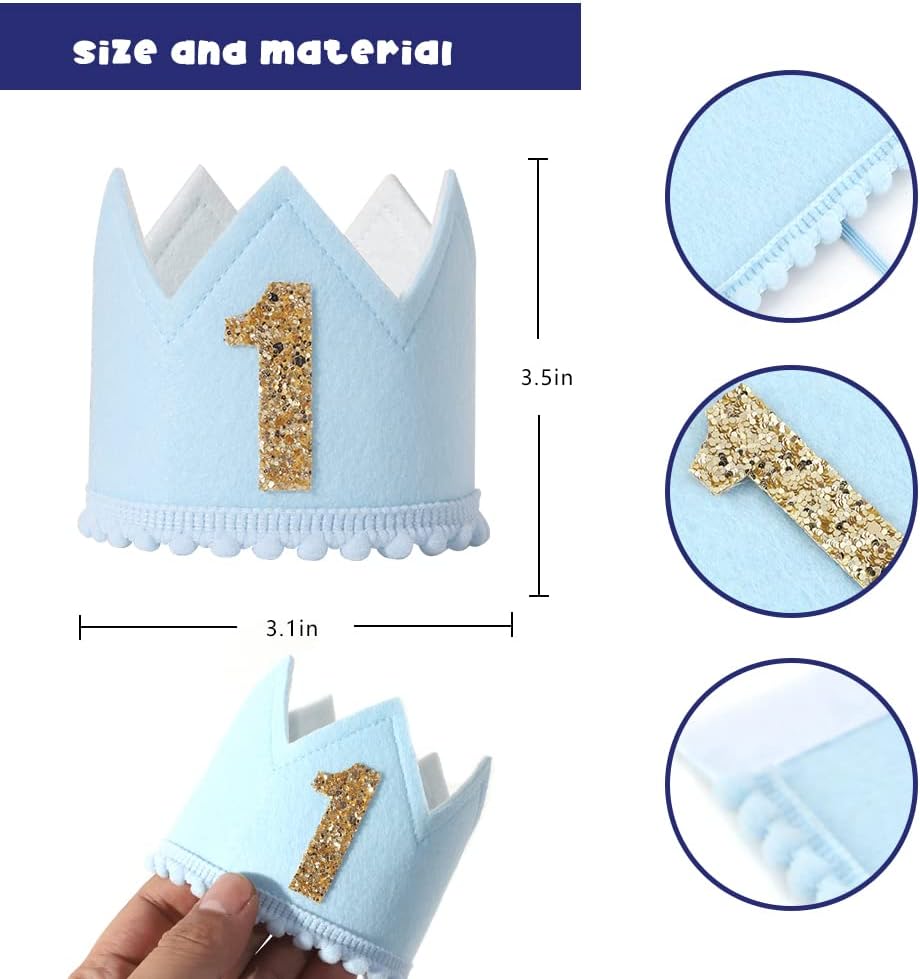 Baby Boys Birthday Crown - Blue Felt Hat for Kids