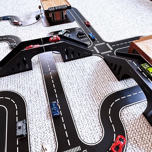 Wooden Car Track Playset with Garages and Bridge