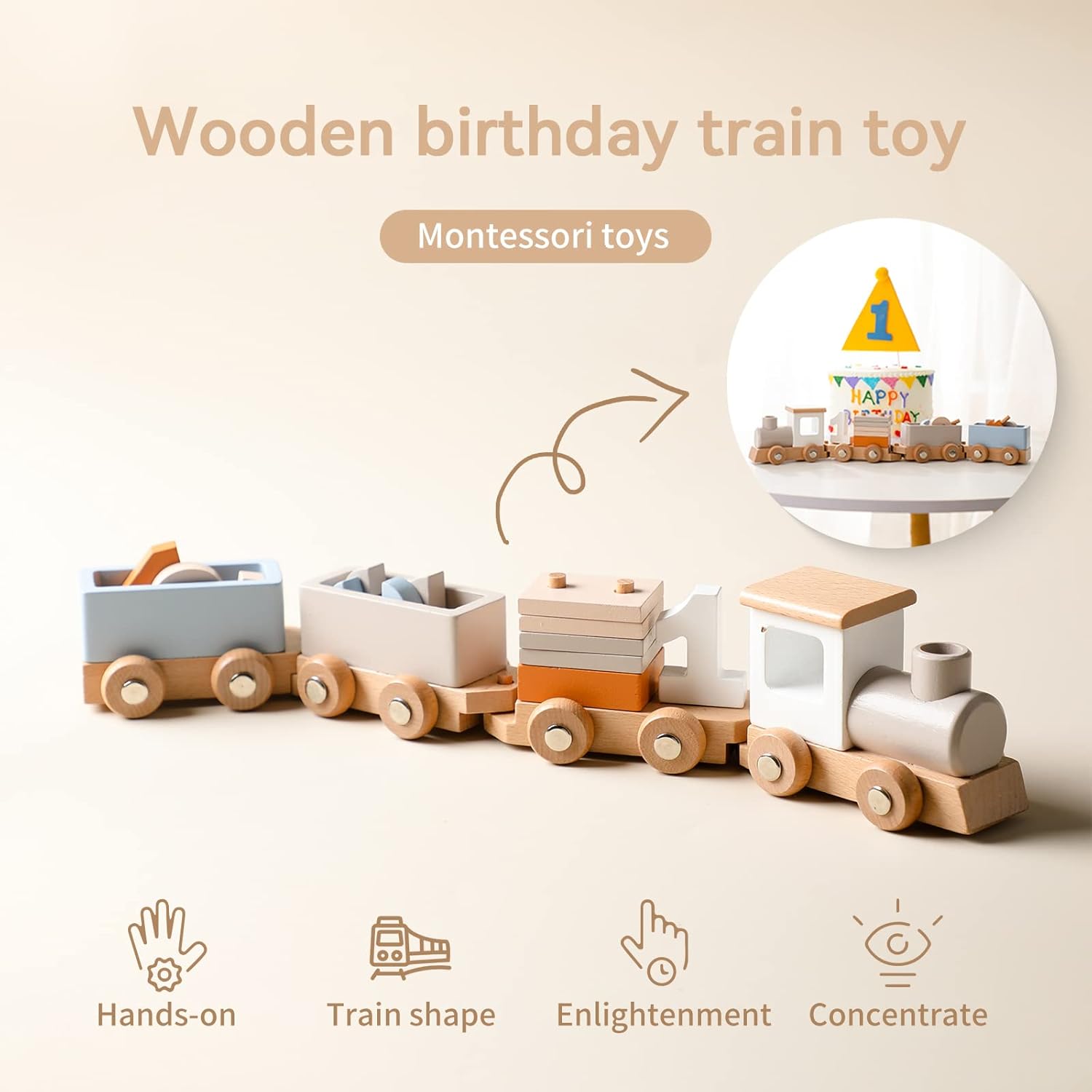 ibwaae Wooden Train Set with Numbers and Blocks