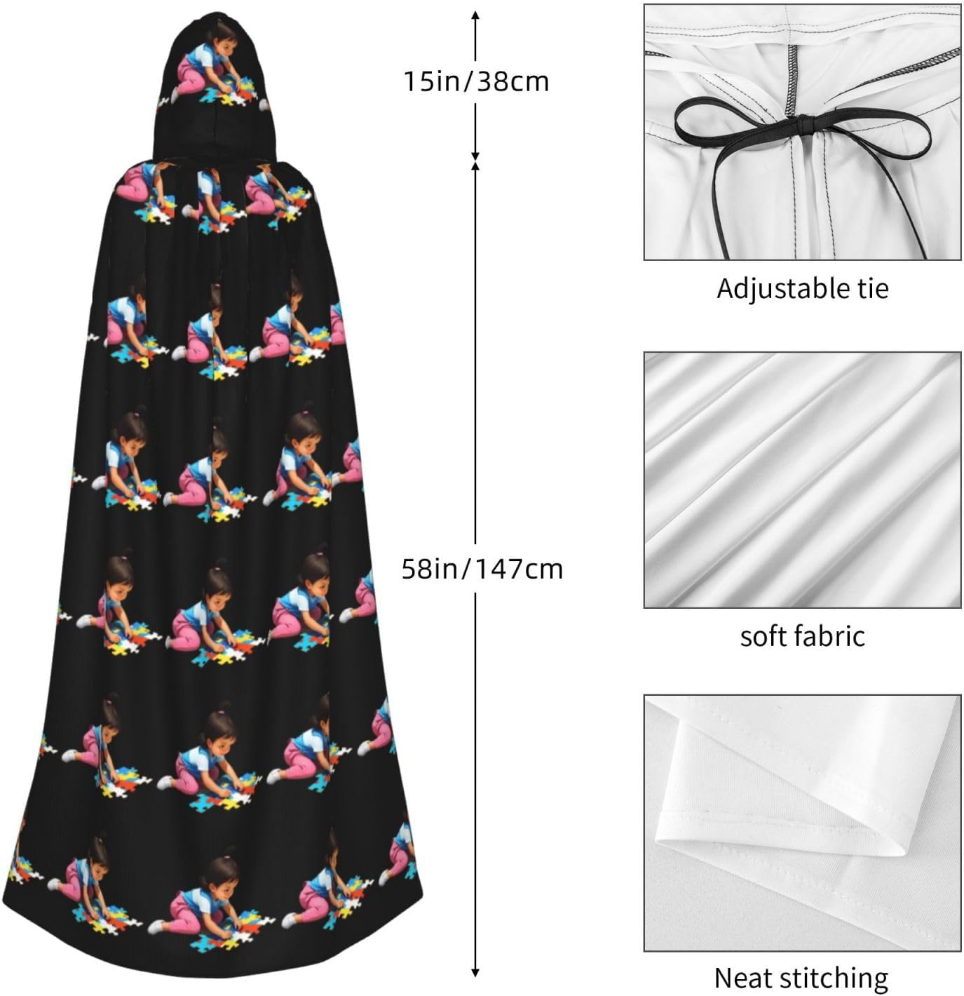 Little Girl Puzzle Print Hooded Cloak for Halloween Costume