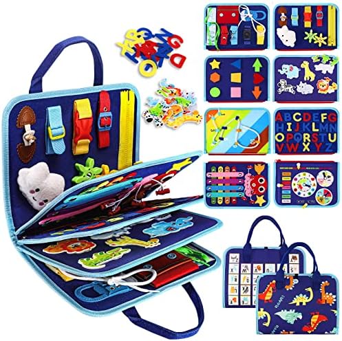Esjay Toddler Busy Board with 8 Pages Blue Dinosaur Design